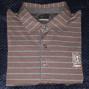 Greg Norman Gray Red stripe poly blend TPC Sawgrass The Players GOLF Polo shirt